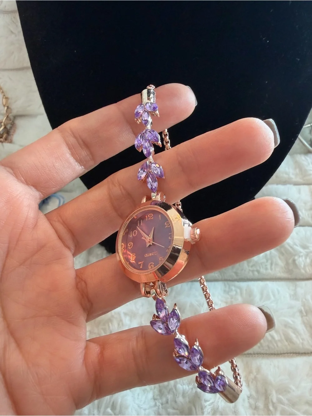 Rose Gold Quartz Bracelet Watch with Purple Crystal Accents